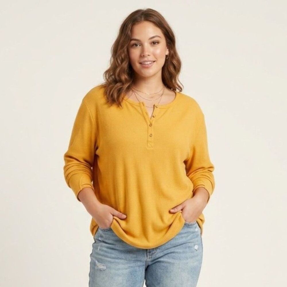 Michelle Mae Waffle-Knit Mustard Henley Top Button Placket Long Sleeve SZ 3XL